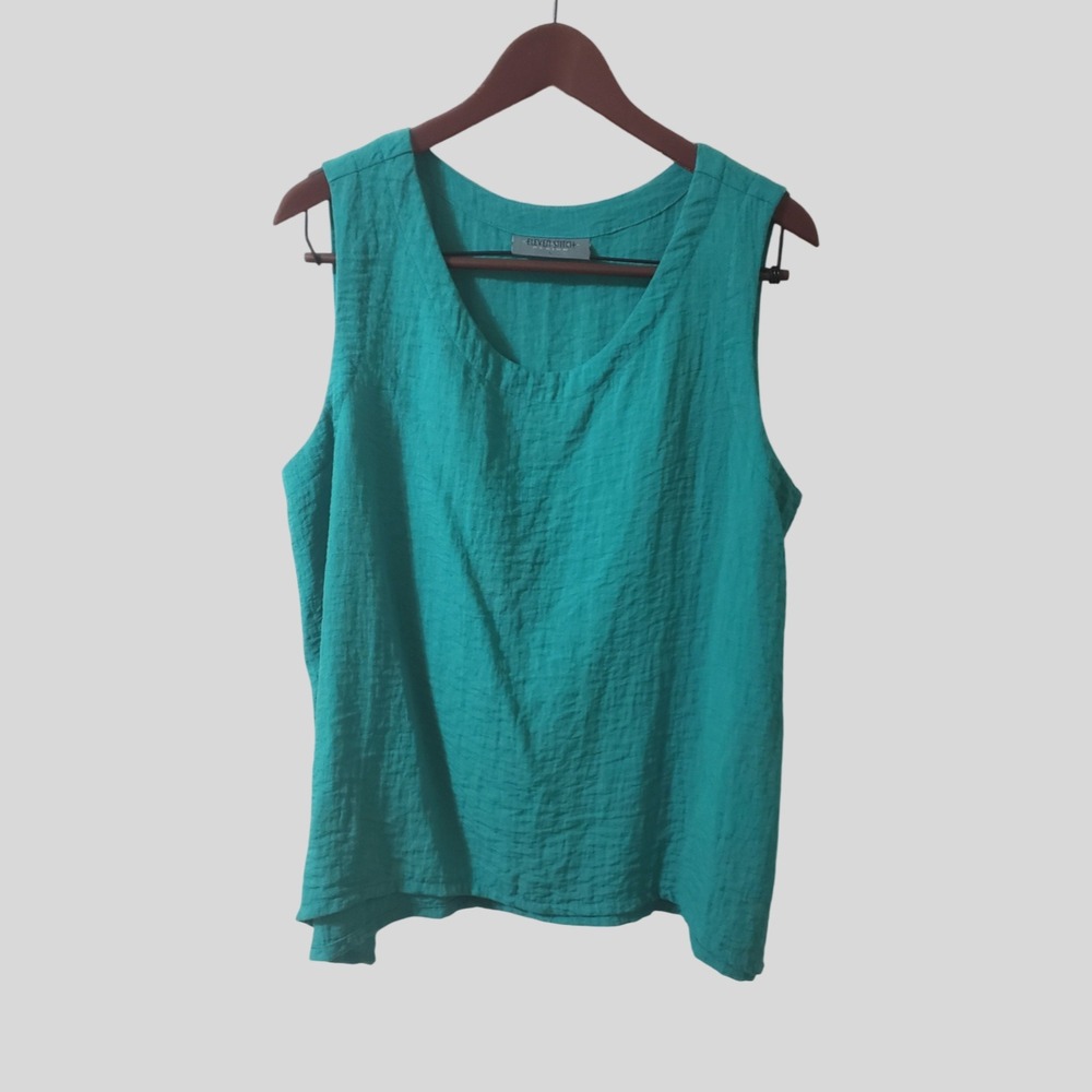 Eleven Stitch Design Womens Large Crinkled Tank Top Green USA Made Lagenlook